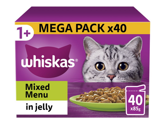 WHISKAS 1+ Mixed Menu Adult Wet Cat Food Pouches in Jelly - 40 x 85g
