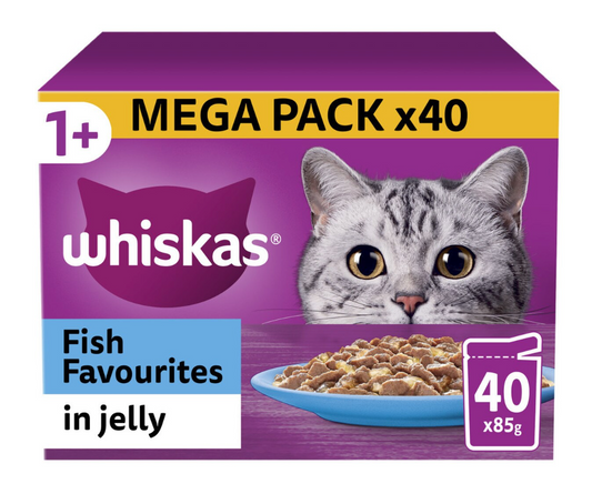 WHISKAS 1+ Fish Favourites Adult Wet Cat Food in Jelly Pouches - 40 x 85g