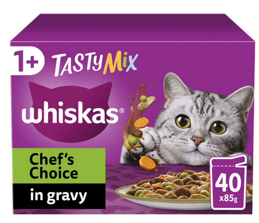 WHISKAS 1+ Chef's Choice Mix Adult Wet Cat Food Pouches in Gravy - 40 x 85g