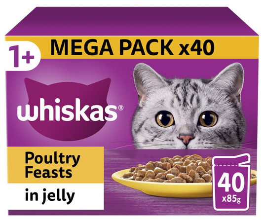 WHISKAS 1+ Poultry Feasts Adult Wet Cat Food Pouches in Jelly - 40 x 85g