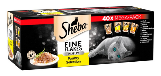 Sheba Fine Flakes Poultry Selection in Jelly Wet Cat Food Pouches - 40 x 85g