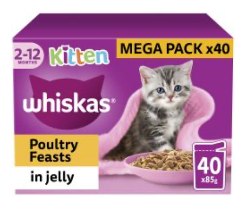 WHISKAS Kitten Poultry Feasts Wet Cat Food in Jelly Pouches - 40 x 85g